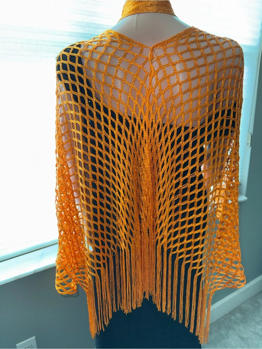 Gold Open-Weave Fringe Shawl Wrap